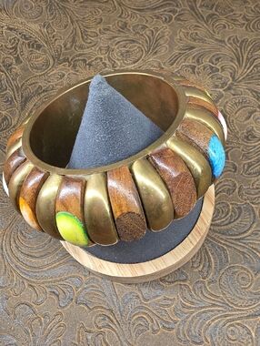 Vintage Chunky Wood Brass Bangle Multi-Color Inlay Statement Bangle Bracelet